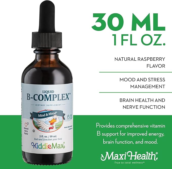 Maxi Health Raspberry Liquid Vitamin B Complex, Supplement with Vitamin B12 - Sublingual B Drops for Kids with B1 B2 B3 B5 B6 Biotin Folic Acid, For Energy & Brain Function - 2 fl. Oz, Green Pillbox