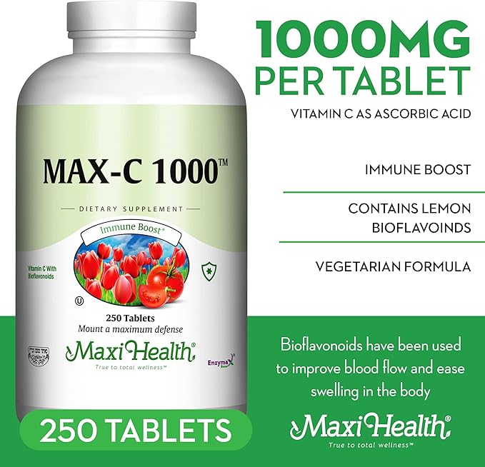 Maxi Health 1000 mg Vitamin C - 1000mg Tablets Ultra High Absorption Formula - Gluten Free Kosher Dietary Non GMO Supplement for Immune Support - Vitamin C Tablets from Ascorbic Acid, (250 Count)