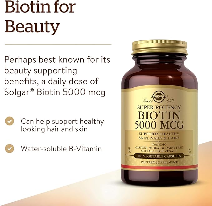 Solgar Biotin 5000 mcg - Promote Healthy Skin, Nails & Hair - Supports Energy Production, Protein, Carbohydrate & Fat Metabolism - Vitamin B - Non GMO, Vegan, Gluten Free - 100 Servings, Unflavored, Standard Packaging, 100 Count