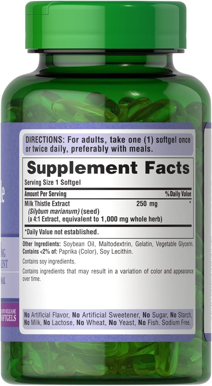 Puritan's Milk Thistle 4:1 Extract 1000mg 180 Softgels (Silymarin) Liver Health