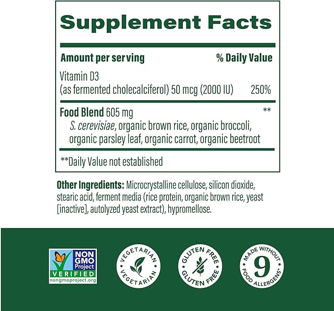 MegaFood Vitamin D3 2000 IU (50 mcg) - Vitamin D Supplements with Real Food, Immune Support, Supports Bones, Teeth & Muscles, Vegetarian, Certified Non-GMO, Kosher – 60 Tablets, 60 Servings