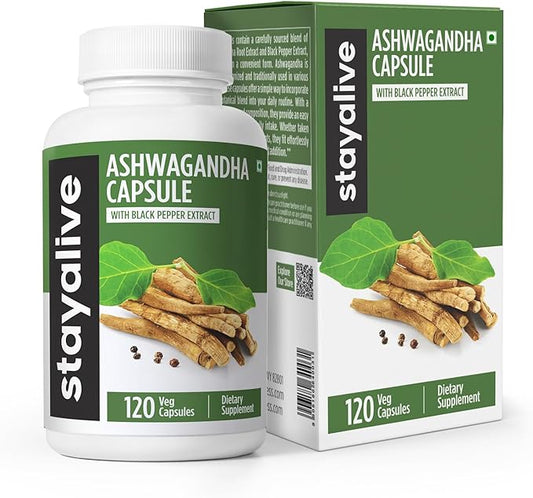 STAY ALIVE Ashwagandha with Black Pepper, 10:1 Extract, 120 Pills, 100% Pure Root Powder, Extra Strength Capsules, Non-GMO & Gluten Free Ashwagandha Supplements for Women and Men