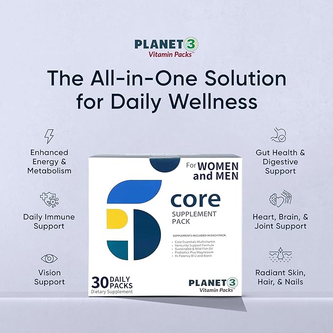 Planet 3 Vitamin Packs with Core Supplements | Heart, Eye and Immune Support with Elderberry Vitamin C and Zinc, Multivitamin, Omega 3, Vitamin D, Biotin, B12, Lutein, Daily Vitamins for Men and Women