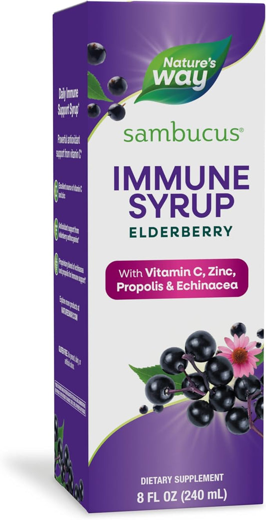 Nature's Way Sambucus Immune Syrup, Elderberry Extract, Vitamin C, Zinc, Echinacea, Propolis, Daily Immune Support*, Antioxidant Support*, Gluten free, Vegetarian, 8 Fl Oz