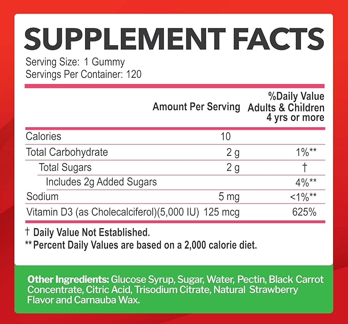Vitamin D3 5000IU / 10,000IU Gummies for Adults & Kids (120 Count) - Maximum Strength Support for Immune System, Bones & Teeth - Gluten-Free, Non-GMO, Great Tasting Strawberry Flavor - 4 Month Supply