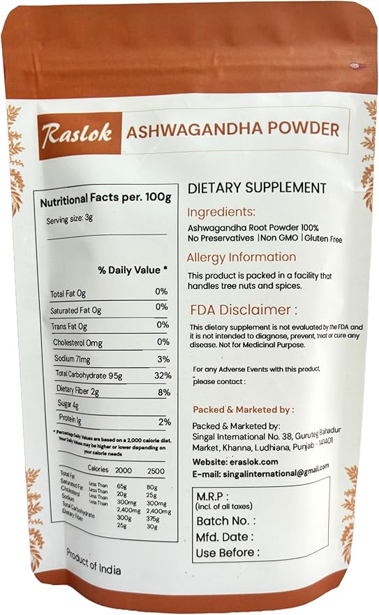 Ashwagandha Root Powder| Finest Grade A Root Powder - Withania Somnifera | Non-GMO, Vegan & Raw from India (8 Oz)