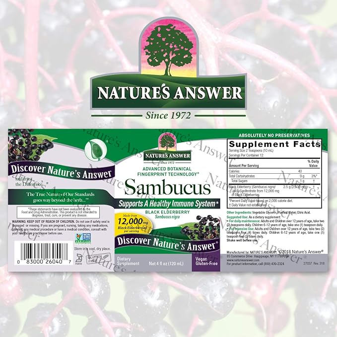 Nature's Answer Sambucus Dietary Supplement, Original for Daily Immune and Antioxidant Support | Made in The USA | Alcohol-Free, Gluten-Free & Vegan 4oz (Pack 1)