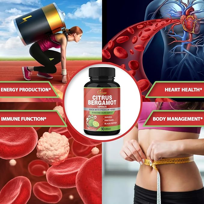 Organic Cadane Citrus Bergamot Supplement Extract Capsules, 90 Capsules & Berberine, Olive, Guggul, Garlic, Pine Bark, Black Pepper | Supports Overall Health, Immune System | 3 Months Supply