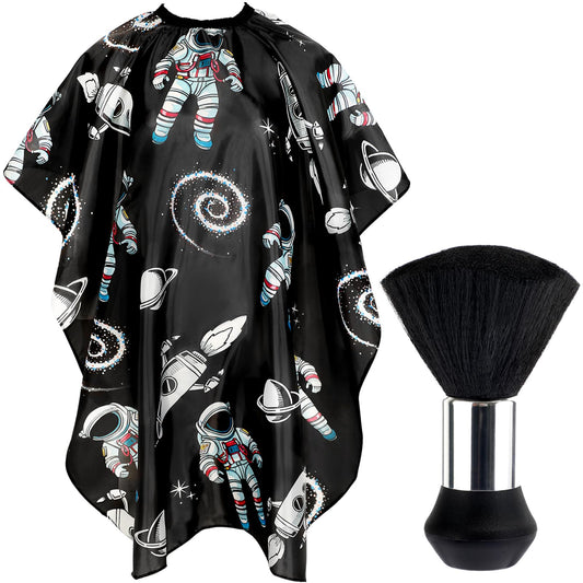 FEBSNOW Kids Hair Cutting Cape,Professional Kids Barber Cape and Neck Duster Brush Cartoon Hairdresser Apron with Adjustable Closure for Children Salon Barber Supplies(Astronaut Space Travel)