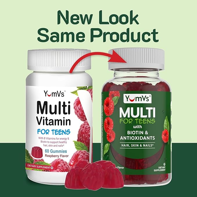YUM-V'S Teen Multivitamin Gummies with Biotin and Antioxidants - Raspberry Flavor - Hair Skin Nails Support - Vegetarian Kosher Teen Vitamins for Boys and Girls 12-17 - 60 Count (Pack of 2)