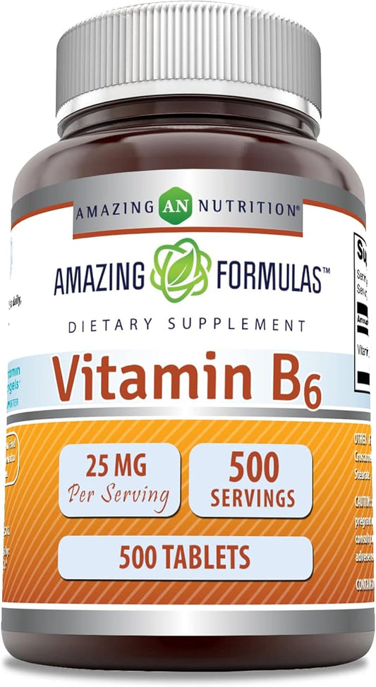 Amazing Formulas Vitamin B6 Pyridoxine 25mg Tablets Supplement | Non GMO | Gluten Free | Made in USA (500 Tablets)