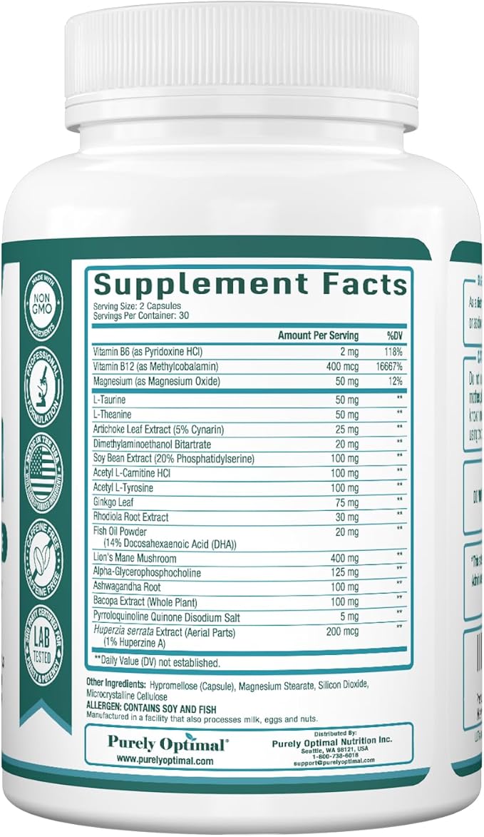 Purely Optimal Brain Supplement for Memory and Focus - Nootropic Support with Lion’s Mane, Alpha-GPC, Ginko Biloba, & Bacopa Monnieri - 60 Capsules