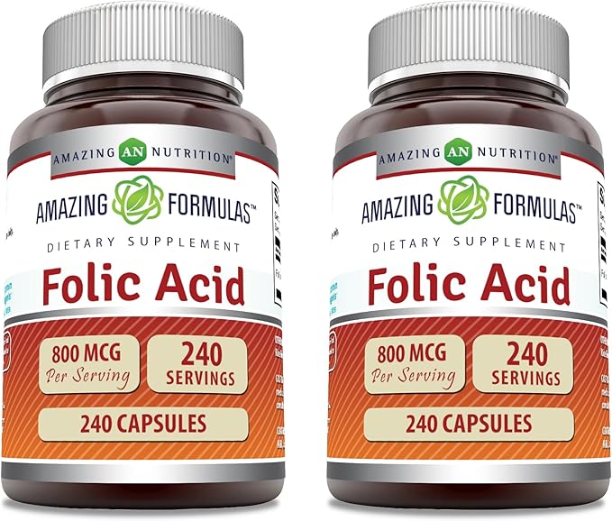 Amazing Formulas Folic Acid | 800 Mcg | 240 Capsules | Vitamin B9 Supplement | Non-GMO | Gluten Free | Made in USA (2 Pack)