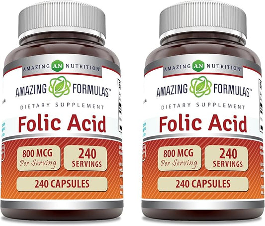 Amazing Formulas Folic Acid | 800 Mcg | 240 Capsules | Vitamin B9 Supplement | Non-GMO | Gluten Free | Made in USA (2 Pack)