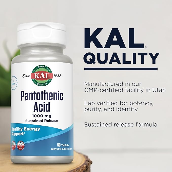 KAL Pantothenic Acid 1000mg, Sustained Release Vitamin B5 - Energy Supplements - Supports Metabolism of Carbs, Fat and Protein, Hair and Skin Health, Vegan, 60-Day Guarantee, 50 Servings, 50 Tablets