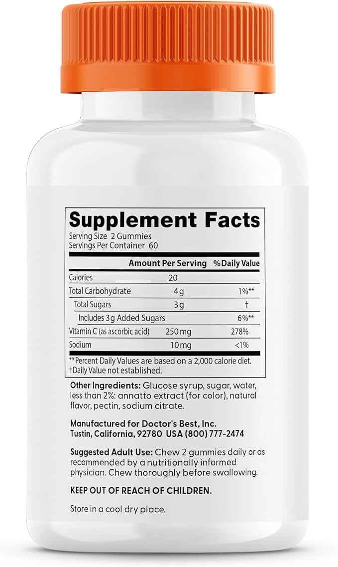 Doctor's Best, Vitamin C Gummies 250mg per Serving Great Tasting Immune Brain Eyes Heart Circulation Antioxidant Support Natural Pectin Vegan Gluten Free CT, Fruit, 120 Count