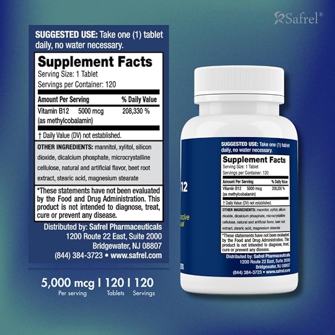 Safrel Vitamin B12 5000 mcg Methylcobalamin, 120 Fast Dissolve Tablets, Easy to Take Sublingual B12 Cherry Flavor, 120 Day Supply