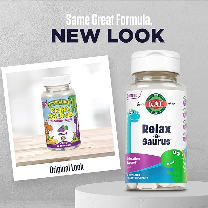 KAL Relax-a-Saurus, Stress Support Supplement for Kids, L-Theanine for Children with Herbal Stress Relief & Relaxation & Blend, Delicious Natural Grape Flavor, 60-Day Guarantee, 30 Chewables