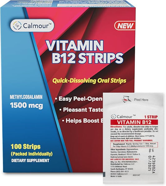 Vitamin B12 Strips 100 Pack | Easy Oral Dissolvable Mint Flavored Strips | 1500 mcg Strips | Vit B12 Dissolve under Tongue | Methylcobalamin B-12 Vitamin Formula | Vegan Friendly & Gluten Free