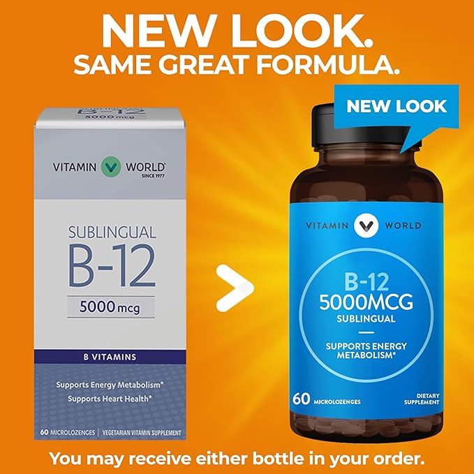 Vitamin World Vitamin B-12 5000 mcg. Sublingual 60 Microlozenges, Supports Energy Metabolism, Supports Heart Health