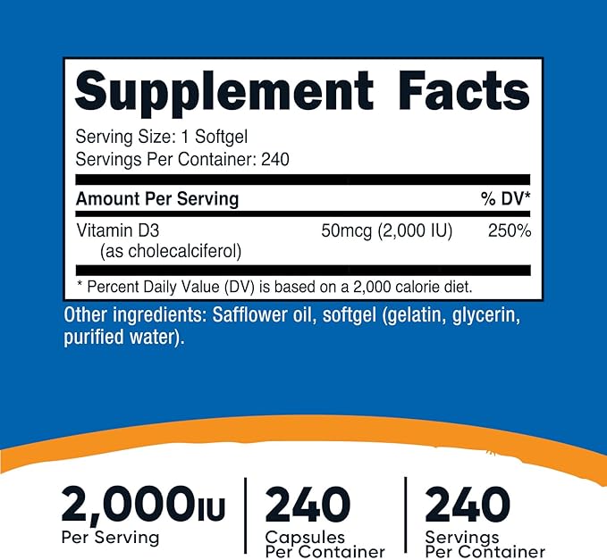 Nutricost Vitamin D3 2000 iu Softgels, 240 Softgels - Non-GMO & Gluten Free
