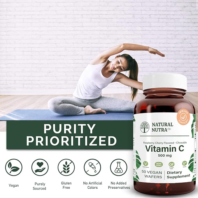 Natural Nutra Vitamin C Supplement for Kids and Adults, Immune Booster, Helps Supports Bone Health, Protect Skin and Heart Health, Improve Skin Texture, Vegetable Source, 500 mg, 50 Vegan Wafers
