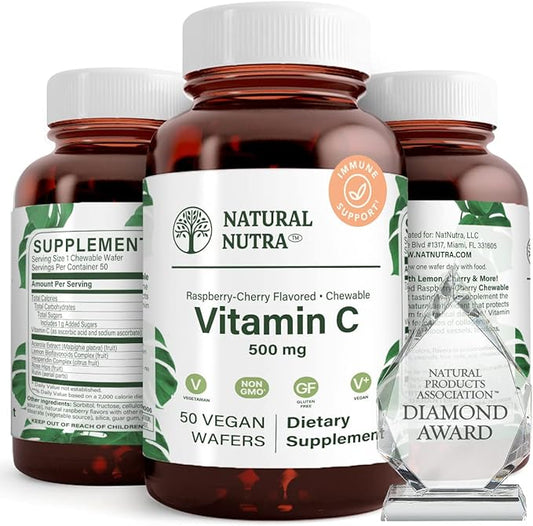 Natural Nutra Vitamin C Supplement for Kids and Adults, Immune Booster, Helps Supports Bone Health, Protect Skin and Heart Health, Improve Skin Texture, Vegetable Source, 500 mg, 50 Vegan Wafers