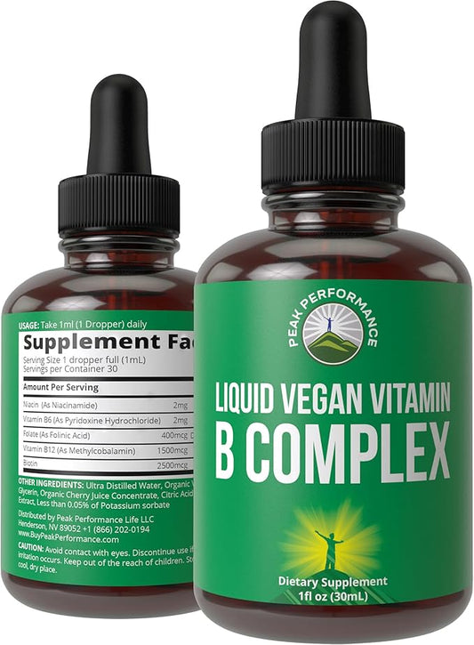 B Complex Liquid Drops Vegan Supplement. Best 5 B Vitamins with B3 Niacin, B6, B7 Biotin, B9 Folate, Methylcobalamin B12. B-Complex For Hair, Skin Nails, Energy. For Adults, Men, Women