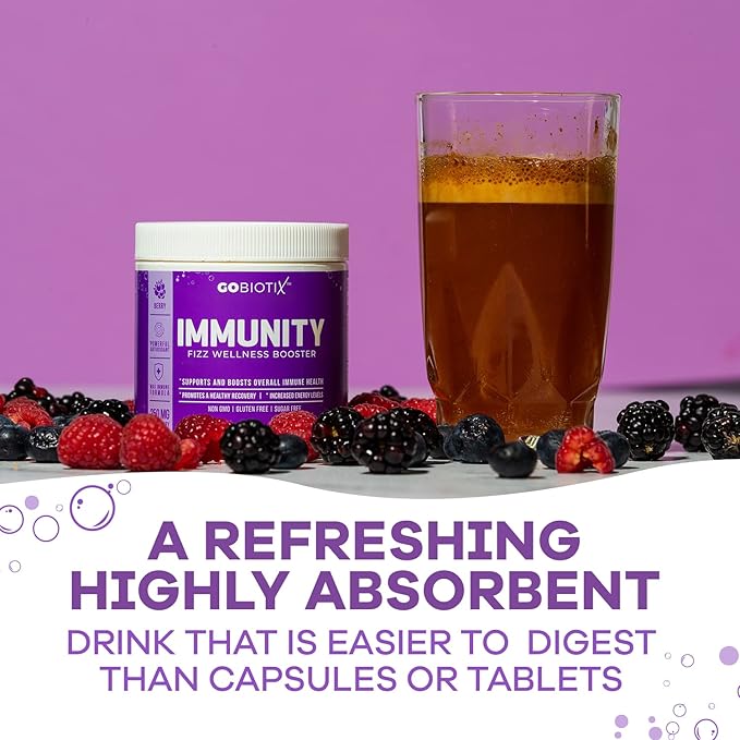 GOBIOTIX Vitamin C - Immune Defense Support Supplement - Immunity Powder Wellness Booster - Vegan Superfood - Elderberry, Turmeric, B12 Vitamin Supplement, Non-GMO and Sugar Free (Berry)