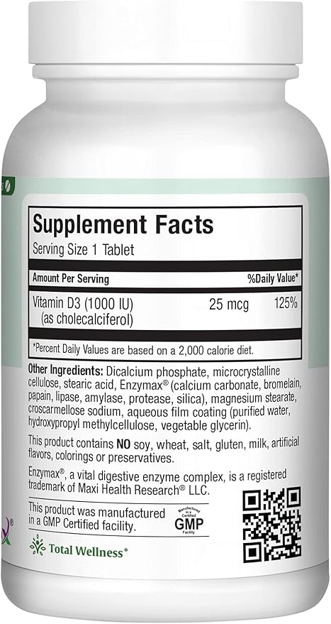 Maxi Health Vitamin D3 1000 IU Dietary Supplement - Easy to Swallow - Odorless & Tasteless - Supports Calcium Absorption, Immune Health and Bone Health in Adult Women & Men - 90 Tablets