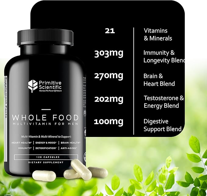 Whole Food Natural One-a-Day Multivitamin and Mineral Capsules for Men - All-Day Energy, Inner Zen, and Stronger You (120 Capsules)