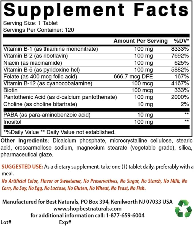 Best Naturals B 100 Complex 120 Tablets (B Complex Vitamins) (120 Count (Pack of 3))