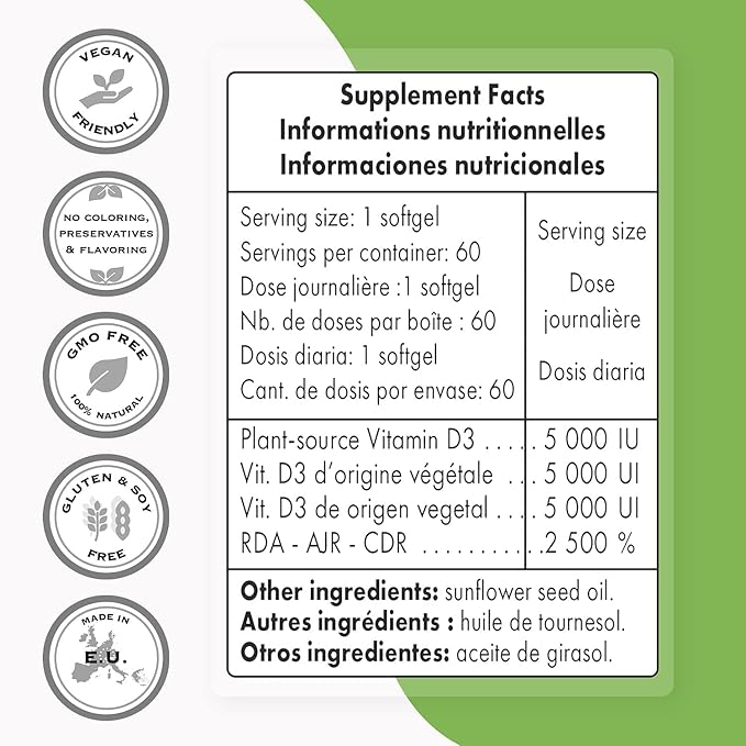 Supersmart - Vegan Vitamin D3 Supplement 5000 IU - 100% Plant Based Cholecalciferol - Sourced from GMO-Free & Pesticide-Free Algae | Non-GMO & Gluten Free - 60 Softgels