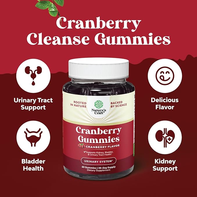 Natural Cranberry Gummies for Women and Men - Extra Strength Delicious Antioxidant Cranberry Chews for Urinary Tract Health Kidney Support Bladder & Immune Health - Vegan Gluten & Gelatin Free