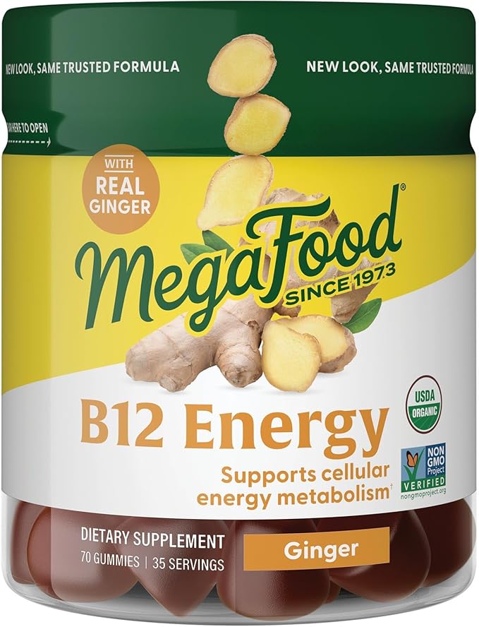MegaFood Vitamin B12 Energy Gummies - Vegan - With Methyl B12 Vitamins to Support Cellular Energy Production - Ginger - Daily Vitamin B12 Supplement - USDA Organic - 70 Gummies, 35 Servings