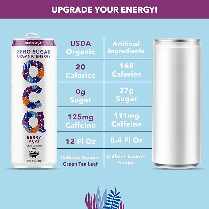 OCA ZERO Berry Acai, Organic energy drink, zero sugar, gluten-free, vegan plant-based, 12 Fl Oz (12 pack)