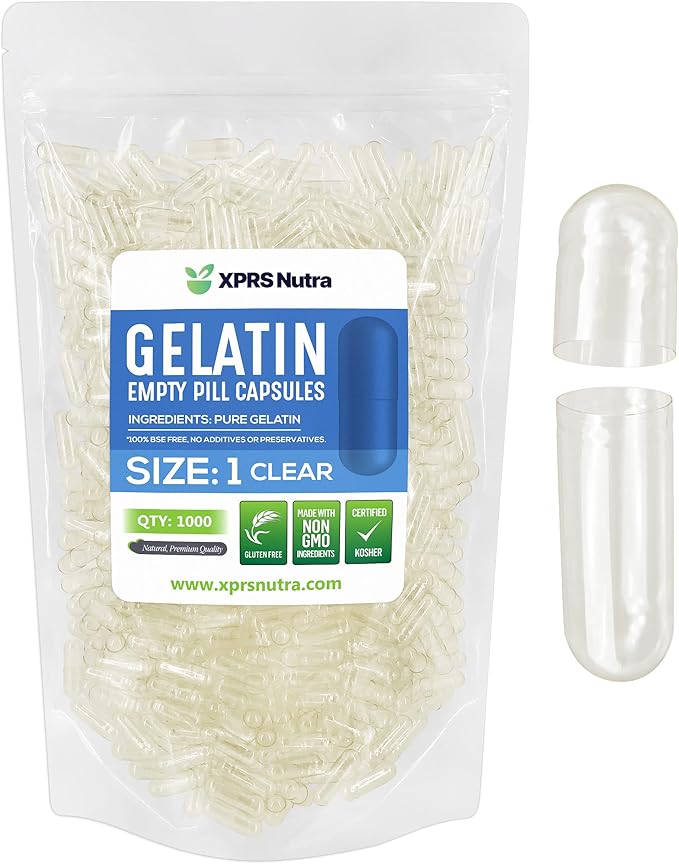 XPRS Nutra Size 1 Empty Capsules - 1000 Count Empty Gelatin Capsules - Empty Pill Capsules - DIY Capsule Filling - Pure Bovine Pill Capsules Empty Gel Caps (Clear)