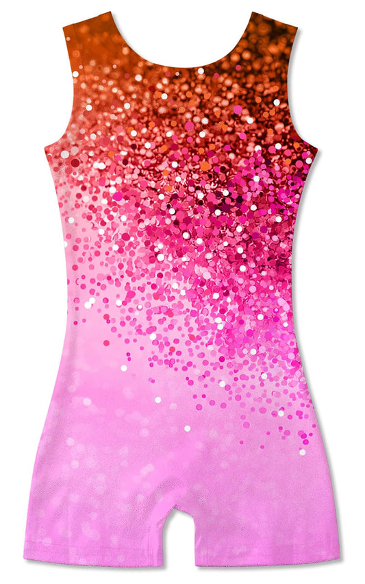 Funnycokid Gymnastics Leotards for Girls Dance Outfits Unitard Sparkly Clothes with Shorts, Diamond Red Pink, 5-6 Years