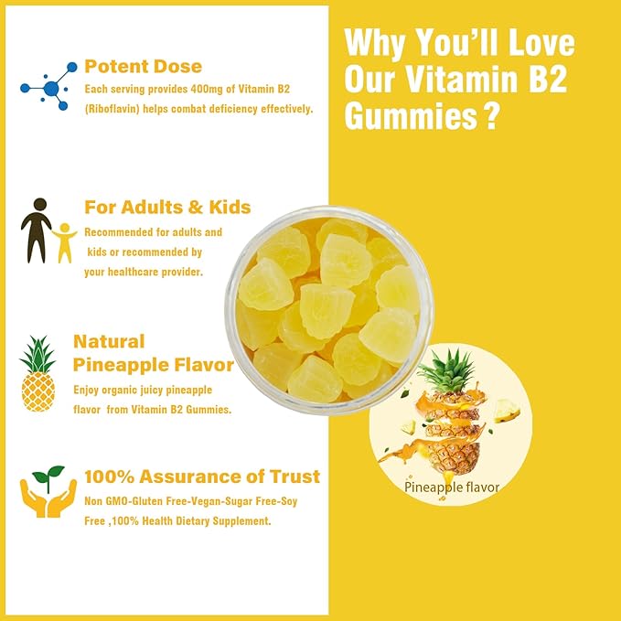 Vitamin B2 Gummies Riboflavin 400mg for Wen & Kids b2 Vitamins Chewable Gummies for Adults Supplement with B Complex Nervous System Support,Vegan,Sugar-Free,Pineapple Flavor, 60 Count
