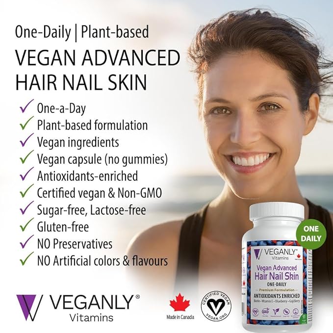 Vegan Advanced Hair Nail Skin One-Daily, 60 Veggie Caps -Antioxidant Enriched. Improve Hair, Improve Skin Health and Nail Health - Plant Based with Biotin & Natural Superfood