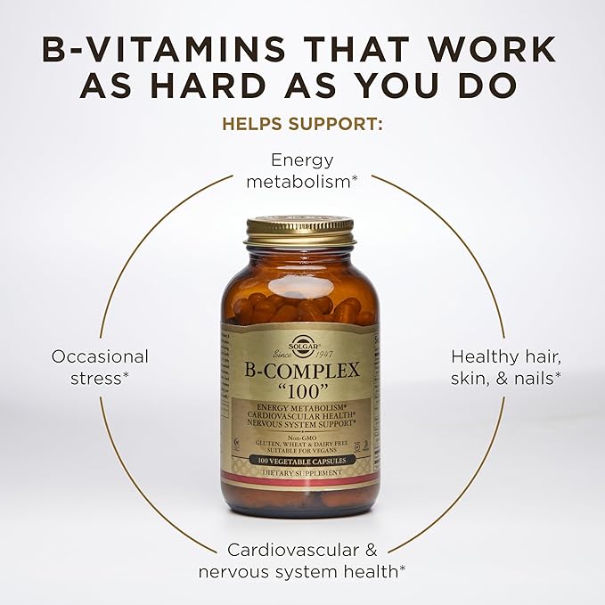 Solgar B-Complex "100", 250 Vegetable Capsules - Heart Health - Nervous System Support - Supports Energy Metabolism - Non-GMO, Vegan, Gluten Free, Dairy Free, Kosher, Halal - 250 Servings