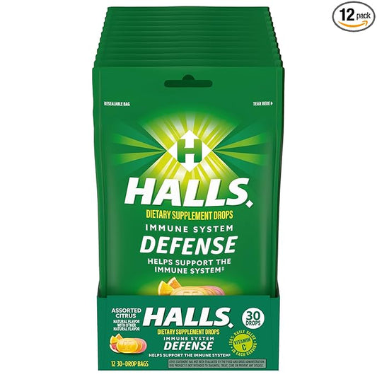 HALLS Defense Assorted Citrus Vitamin C Drops, Dietary Supplement Drops, 12 Bags of 30 Drops (360 Total Drops)