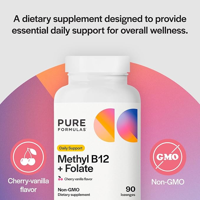 PureFormulas Methyl B12 + Folate Supplement, 1,000 mcg of Methylated B12 Supplement, 665 mcg of Folate, Cherry Vanilla Flavor, Methylated Vitamin B 12 - Non-GMO, 90 Lozenges