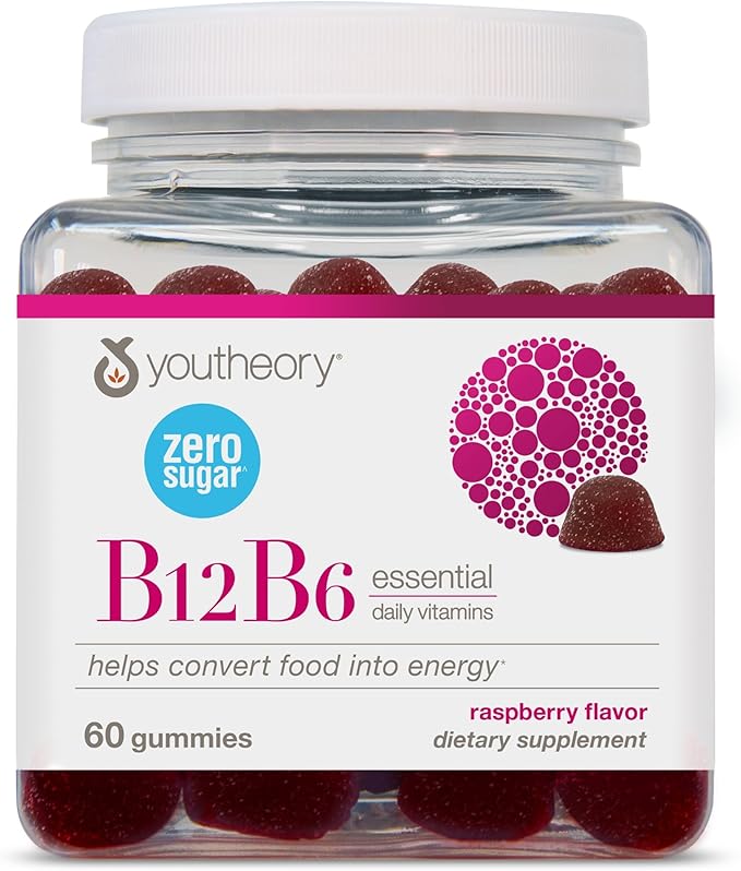 Youtheory B12B6 - Vegan Vitamin B6 & Vitamin B12 - Offers Brain Health, Energy & Immunity Support* - Dairy, Soy & Gluten Free - 60 Gummies
