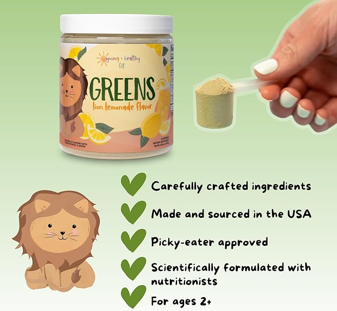 Young + Healthy Fit Kids Greens Powder, 30 Servings, Lion Lemonade, Superfood Drink Mix With Fiber for Digestive Health, Organic Fruits & Vegetables, Antioxidants, Real Food Ingredients, Ages 2+