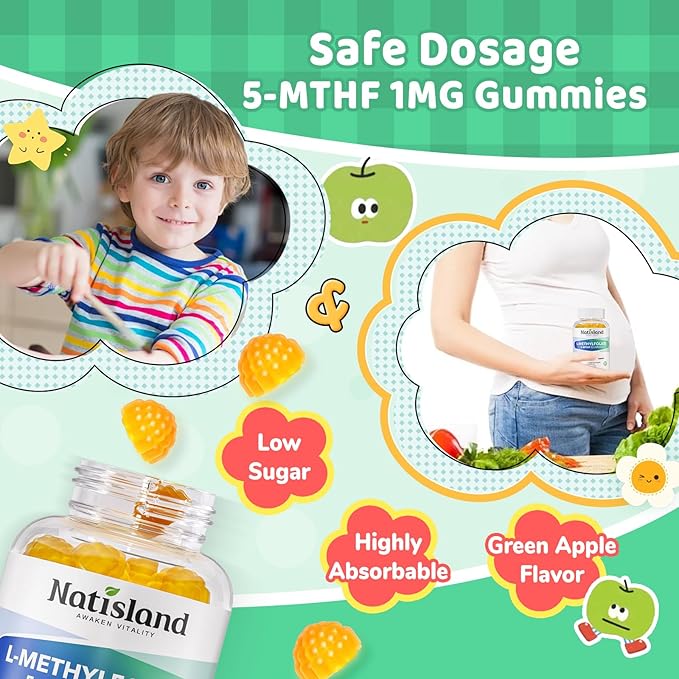 L Methylfolate Gummies, 5-MTHF 1mg Gummies for Kids & Adults - 4+, Methyl Folate and B12 supplement, Highly Absorbable MTHFR Supplement, Support Brain Health, Immunity, Kids Growth, 60 Count