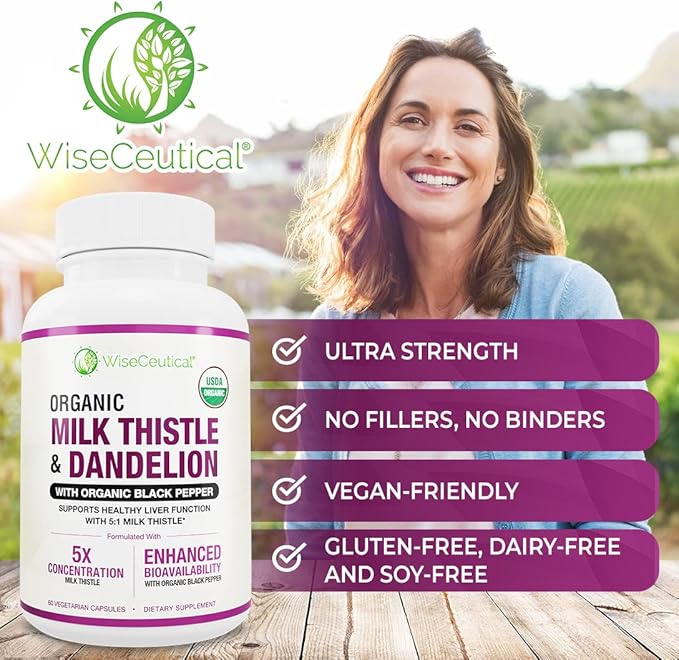 Max Absorption USDA Organic Milk Thistle Potent 5:1 Concentrated Extract (2000mg Strength) & Organic Dandelion Root | Silymarin Antioxidant Flavonoid | Liver Support Supplement (60 Count (Pack of 3))