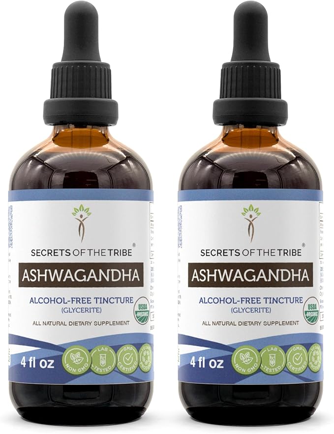 Secrets of the Tribe Ashwagandha Tincture Alcohol-Free Extract, USDA Organic Ashwagandha Withania Somnifera Anti-Stress and Relaxation 2x4 OZ