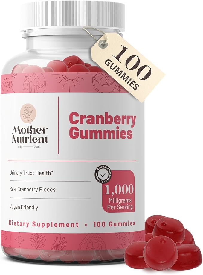 Mother Nutrient Cranberry Gummies Supplement for Women & Kids- Urinary Tract Health- Less Tart & 90% Less Sweet, Gluten-Free, Non-GMO, Vegan - Pure Cranberry Extract 1000mg - 100 Count.