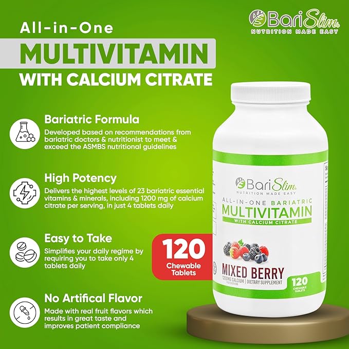 BariSlim All-in-One Bariatric Chewable Multivitamin Tablets w/Calcium Citrate - Bariatric Vitamin for Post Bariatric Surgery Including Gastric Bypass & Gastric Sleeve | Mixed Berry (120 Count)